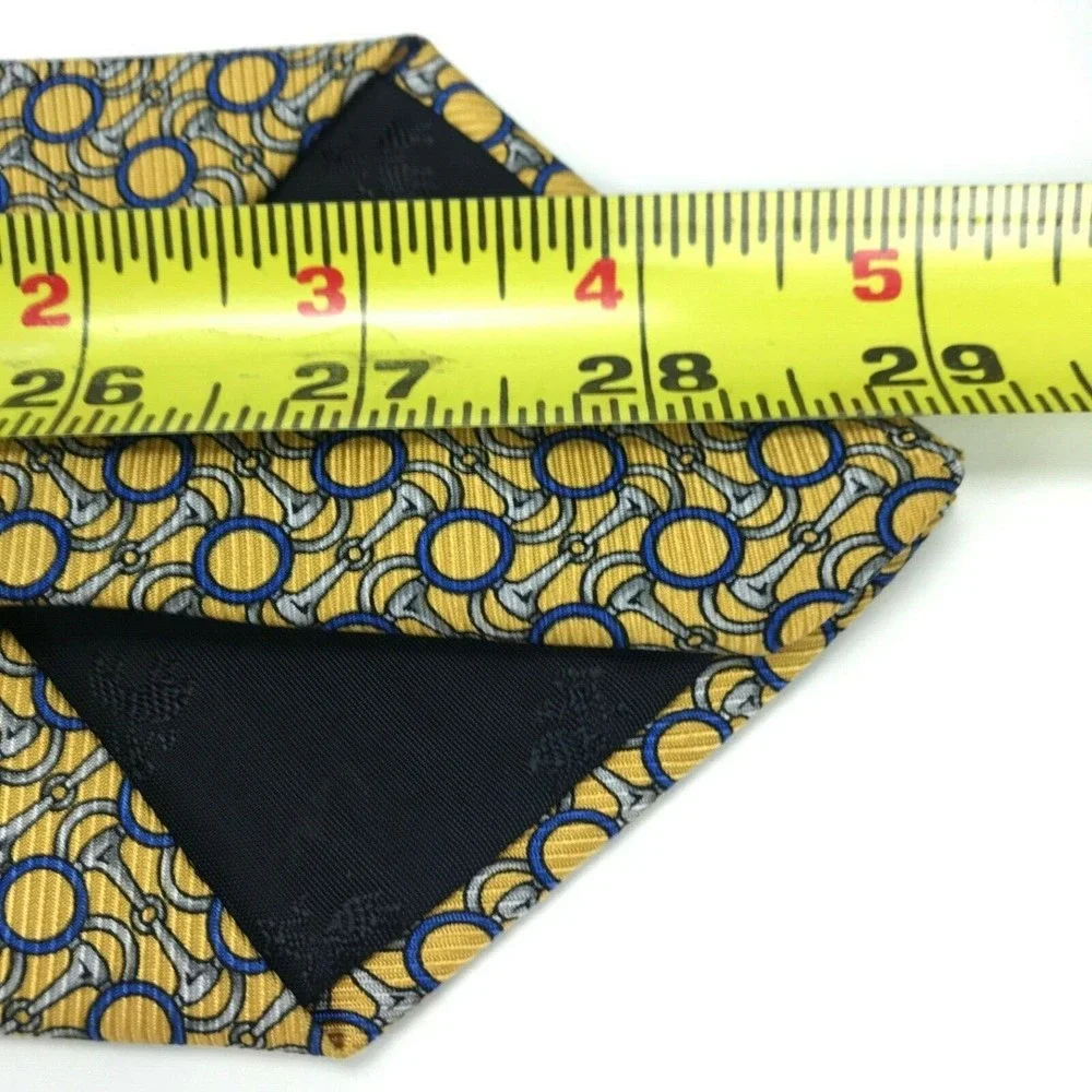 Brooks Basics Pure Silk Yellow Tie Silver Bridle Bits Blue Circles Men's Necktie